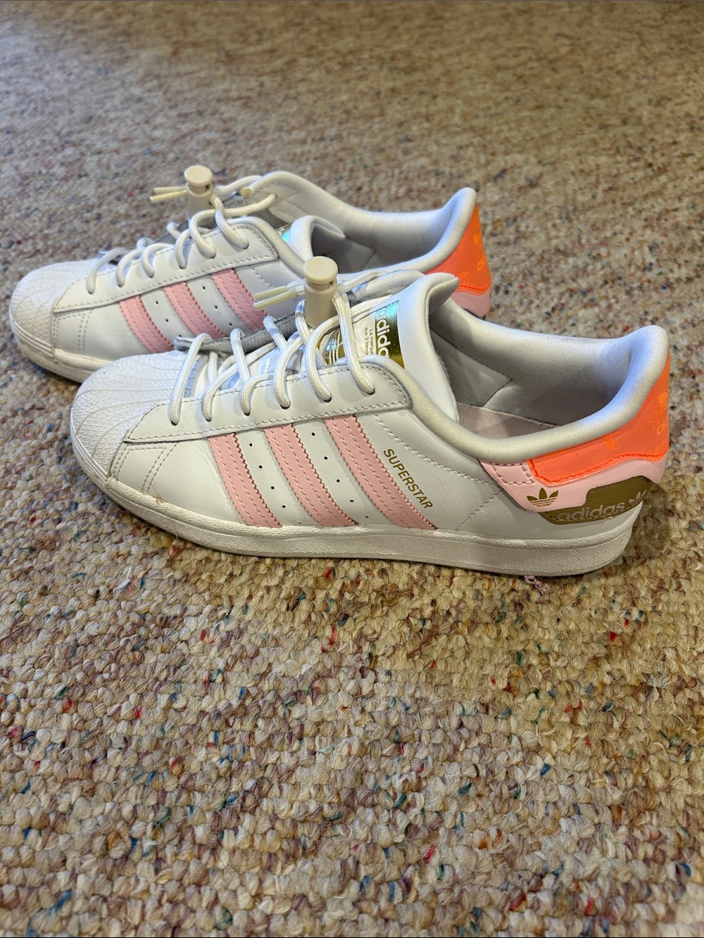 adidas Superstar Sneakers - White with Pink Stripes & Neon Orange Heel
